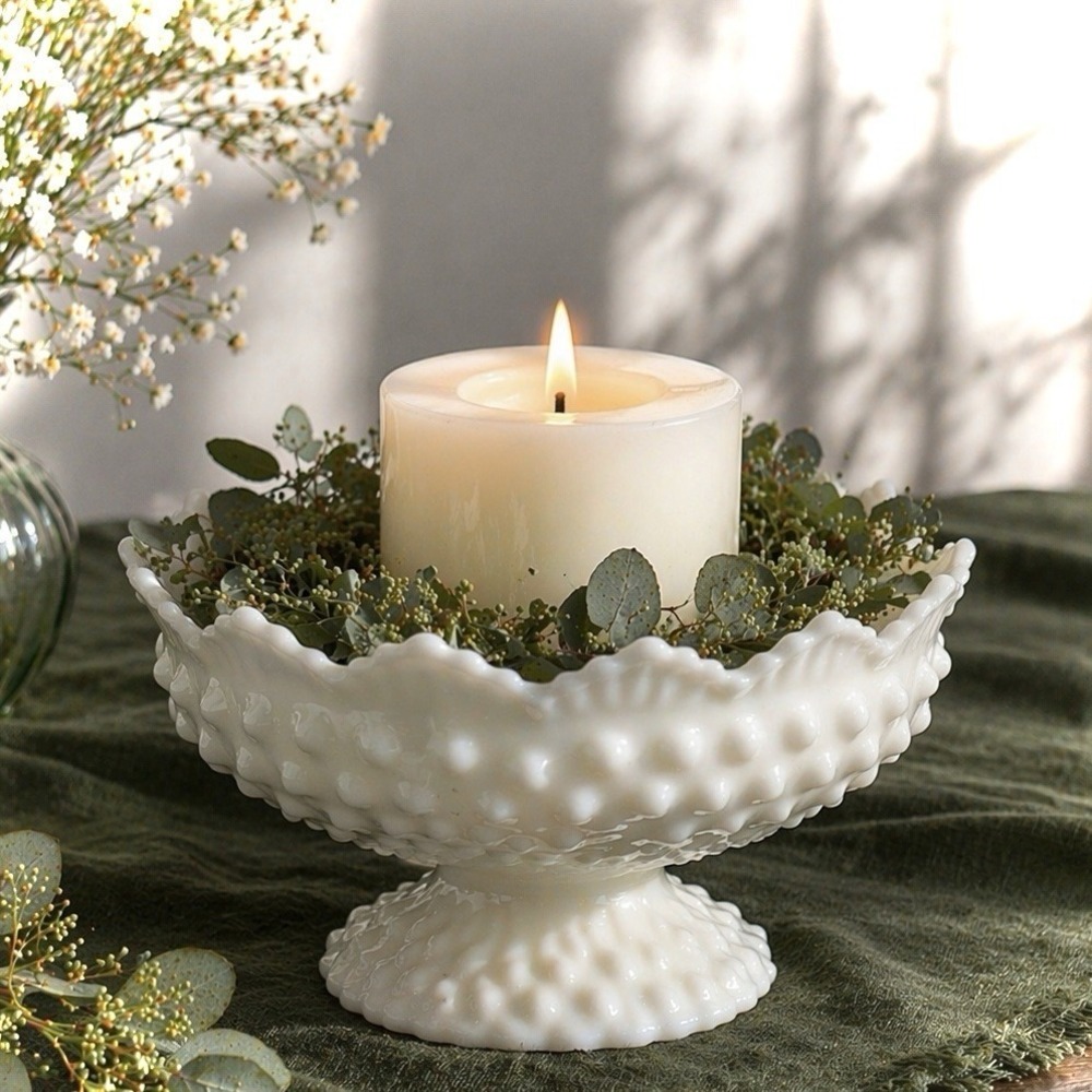 Vintage FENTON Hobnail Milk Glass Pedestal Candle Bowl 6" Scalloped Rim